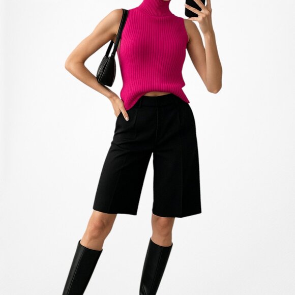 Zara Neon Pink Turtleneck Thick Ribbed Knit Sleeveless Sweater Vest Top Size S - Picture 1 of 7